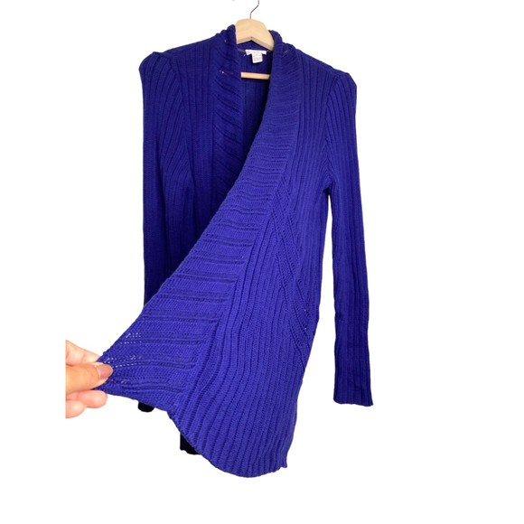 Chicos Draped Blue Cotton Blend Waterfall Cardigan Sweater Size Large Chicos 2 - Picture 3 of 10